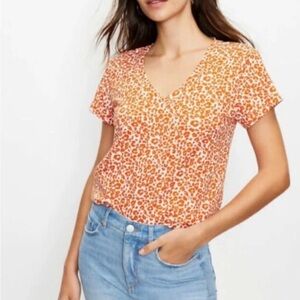 LOFT Orange Animal Print Cotton V-Neck Tee